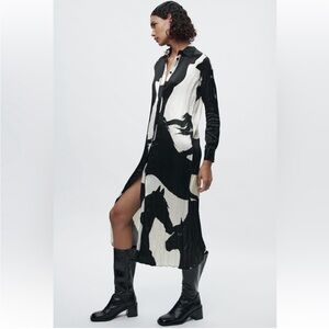 Zara Monochrome Patterned Crinkle Dress Satin Silk Size Small
